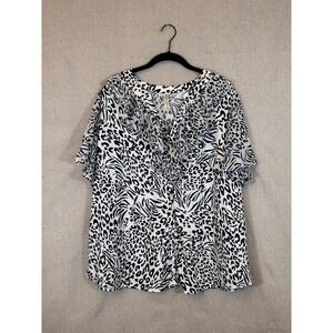 Perception Women 3X Animal Print Ruffle Blouse Black White Leopard Zebra Top
